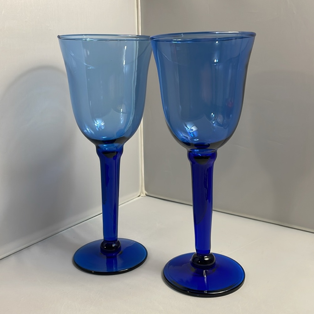 Hand Blown Wine Glasses Set of 2 Tall Stem Cobalt Blue Water Goblets 9"